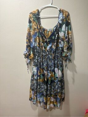 Floral Tiered Peasant Dress in Navy and Mustard
